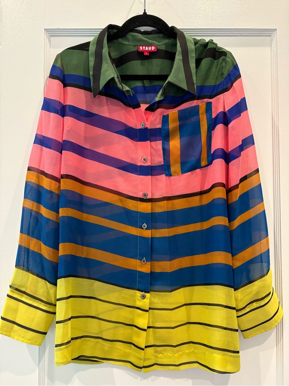 STAUD Sheer Multi Stripe Martha Tunic Long Sleeve Button Down Shirt Size L